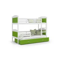 lit superposé 3 places mateo 90x190 blanc - vert livré avec sommiers, tiroir et matelas en mousse de 7cm