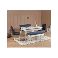 set table extensible, 2 chaises, banc et banquette malva bois blanc et tissu bleu foncé