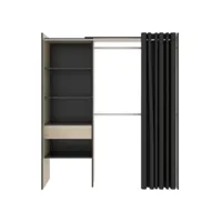 armoire dressing extensible avec rideau + 1 tiroir coloris naturel/graphite - longueur 110-160 x hauteur 203 x profondeur 50 cm