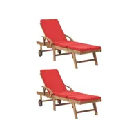 lot de 2 transats chaise longue bain de soleil lit de jardin terrasse meuble d'extérieur avec coussins bois de teck solide rouge helloshop26 02_0012155
