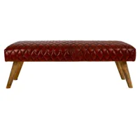 banc d'assise, banquette en cuir coloris bordeaux et bois coloris naturel  - longueur 115 x profondeur 53 x hauteur 38 cm