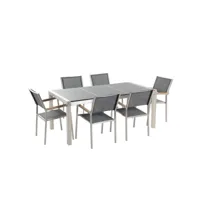table de jardin en plateau granit gris poli 180 cm et 6 chaises grises grosseto 34408