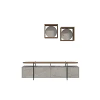 meuble tv 4 portes battantes et 2 étagères murales dunant bois foncé foncé et gris effet marbre