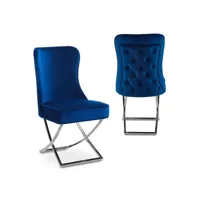 lot de 2 chaises en velours bleu pieds en métal argenté  ethan