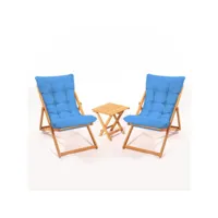 ensemble 2 chaise de jardin et 1 table basse purrault bois massif clair et tissu bleu