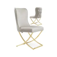 lot de 2 chaises de salle à manger design avec capitonnage à l'arrière revêtement en velours beige et piètement croisé en acier inoxydable doré collection kelvin viv-112740