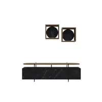 meuble tv 4 portes battantes et 2 étagères murales dunant bois foncé et noir effet marbre