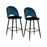 lot de 2 chaises de bar effet velours kara - hauteur d'assise 76 cm - bleu canard