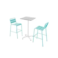 ensemble table haute stratifié marbre et 2 chaises hautes turquoise