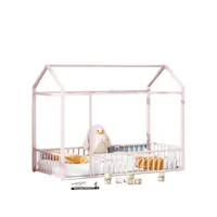 lit cabane pour enfant 90x200cm en métal avec barrière - rose