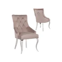 lot de 2 chaises de salle à manger design capitonné revêtement en velours taupe et piètement baroque en acier inoxydable argenté collection angelo viv-95716