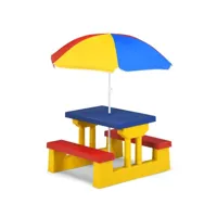 ensemble de jardin pour enfant ensemble table et banc enfant en pp avec parasol multicolore 20_0000560
