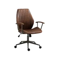 fauteuil de bureau industriel vintage sur roulettes avec accoudoirs en synthétique marron vieilli pivotant bur10689