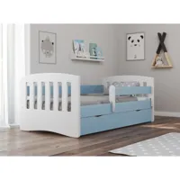 lit enfant avec barrière de sécurité amovible bleu klaky-matelas mousse-couchage 80x180 cm-tiroirs avec tiroir