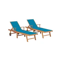chaises longues 2 pcs avec coussin bleu bois de teck solide