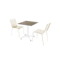 ensemble table de terrasse stratifié marbre beige et 2 chaises ivoire