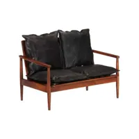 canapé à 2 places - canapé droit relax sofa noir cuir véritable et bois d'acacia solide meuble pro frco46266