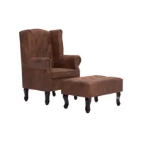 fauteuil chesterfield et repose-pieds marron similicuir daim pwfn71313