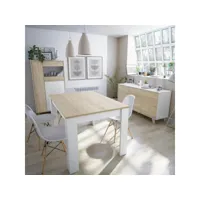 salle à manger complète blanc et chêne clair - stockton - table de repas : l 140-190 x l 90 x h 78 cm ; vitrine l 77 x l 33 x h 142 cm ; buffet : l 154 x l 41 x h 75 cm