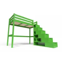 lit mezzanine bois avec escalier cube sylvia 90x200  vert cube90-ve