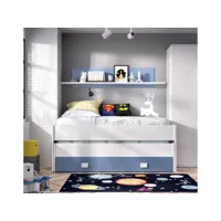 lit enfant ortles, structure avec deuxième lit gigogne, lit simple pour chambre avec 1 tiroir et étagère, 200x99h74 cm, blanc et bleu 8052773872102