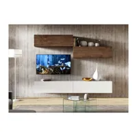 meuble tv mural blanc et noyer koza l 268cm - 4 pièces