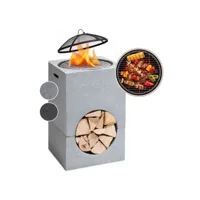 braséro blumfeldt monolith avec grill mgo & bac en acier et pare-étincelles - gris clair