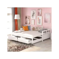 lit gigogne 90x200 cm avec tiroirs, sommier à lattes, cadre en pin, blanc