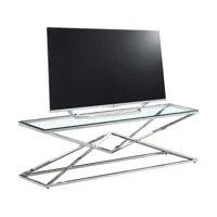 meuble tv design en acier inoxydable poli argenté et verre trempé l. 150 x p. 40 x h. 45 cm collection parma viv-95854