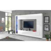 meuble mural luigi, ensemble de salon meuble tv avec 4 portes, meuble de salon polyvalent, 100% made in italy, cm 260x30h180, blanc brillant, avec éclairage led bleu et vitrine 8052773602419