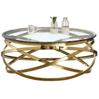 table basse design rond avec piètement en acier inoxydable poli doré et plateau en verre trempé transparent l. 100 x h. 43 cm collection enrico viv-95844