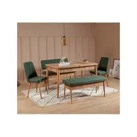 set table extensible, 2 chaises, banc et banquette malva bois clair et tissu vert