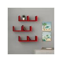 homemania set de 3 étagères u-model - murale flottantes, pour livres - pour séjour, bureau, chambre - rouge en bois, 40 x 20 x 14 cm