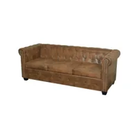 canapé chesterfield 3 places canapé fixe  canapé scandinave sofa cuir artificiel marron meuble pro frco90118