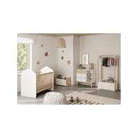kaina - chambre bébé 60x120cm complète + coffre à jouets coloris blanc et naturel
