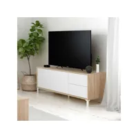 meuble tv 2 portes 2 tiroirs blanc-chêne - meza - l 130 x l 41 x h 47 cm