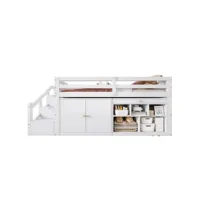 lit simple enfant multifonctionnel en boius massif - avec espace de rangement，échelle et table gigogne - 90x200cm - blanc