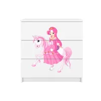 commode enfant princesse sur son cheval - 3 tiroirs 80 cm x 80 cm x 40 cm - blanc