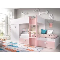 lit enfant dbajram, chambre complète avec armoire et tiroirs, composition de lits superposés avec deux lits simples, 271x111h150 cm, blanc et rose 8052773875868