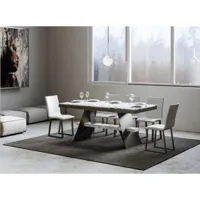 grande table à rallonges 8 à 20 places blanc effet marbre avec un cadre et des pieds acier gris foncé 180 à 440cm borys