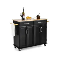 giantex desserte de cuisine à roulettes verrouillables-2 tiroirs,2 porte-serviettes,2 armoires à double porte-comptoir en bois,noir