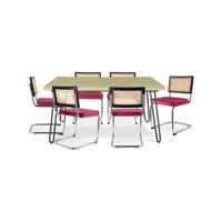 pack table à manger design industriel 150cm & 6 chaises de salle à manger en rotin - tapisserie en velours - hyre fuchsia