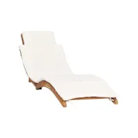 transat chaise longue bain de soleil lit de jardin terrasse meuble d'extérieur pliable avec coussin blanc crème bois de teck helloshop26 02_0012835