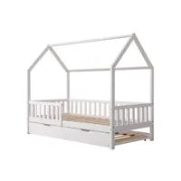 oneiroi - lit maison enfant avec tête de lit, contour en bois et tiroir lit à roulette - lit blanc et tiroir lit blanc 1624-10-00-00