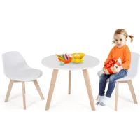 costway table enfants avec 2 chaises en bois de hêtre, table rond ø 60cm et chaises avec dossier ergonomique, coussin rembourré, charge 80kg pour 2 enfants de 3-8 ans blanc