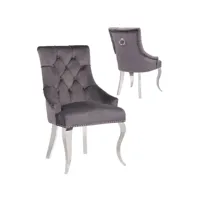 lot de 2 chaises de salle à manger design capitonné revêtement en velours gris foncé et piètement baroque en acier inoxydable argenté  collection angelo viv-95712