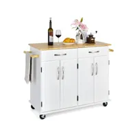 giantex desserte de cuisine à roulettes verrouillables-2 tiroirs,2 porte-serviettes,2 armoires à double porte-comptoir en bois,blanc