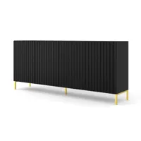 commode wave 200 cm buffet 4d façades fraisées noir mat sur pieds dorés wave_cabinet_200_4d_black_mat