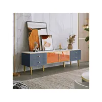 meuble tv scandinave avec led, banc tv, 4 tiroirs et 2 portes, 170x37x47,5cm, finition marbre, gris