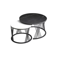 luz - tables gigogne plateaux céramique marbrés noir et blanc pieds métal noir